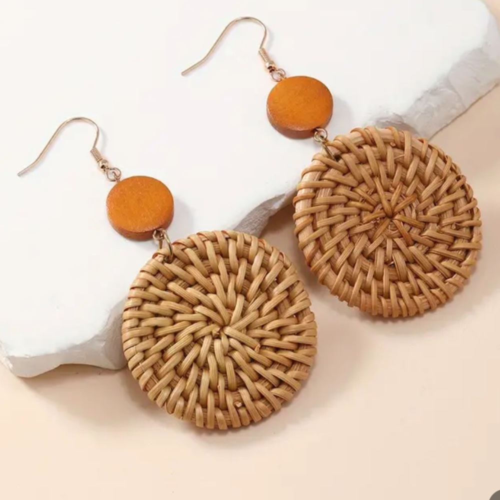 Brown Rattan Wood Dangle Earrings